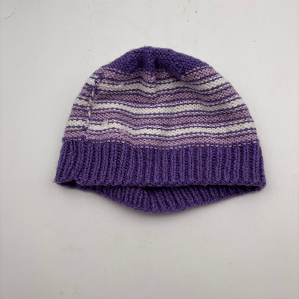 Hand Knit Beanie Hat Purple Lavender White Striped Cozy Winter Warm Women - Picture 3 of 4